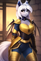 Size: 768x1152 | Tagged: safe, derpibooru import, editor:flitter4935, generator:novelai, generator:stable diffusion, machine learning generated, anthro, bat pony, armor, armored pony, bat wings, ear fluff, ears, female, guardsmare, looking at you, mare, royal guard, smiling, smiling at you, wings