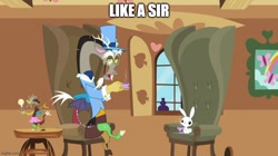 Size: 888x499 | Tagged: safe, derpibooru import, edit, edited screencap, screencap, angel bunny, discord, draconequus, rabbit, keep calm and flutter on, animal, caption, chair, clothes, cup, discord lamp, drink, duo, fancy, image macro, male, monocle, sitting, suit, tea, teacup, text