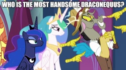 Size: 888x499 | Tagged: safe, derpibooru import, edit, edited screencap, screencap, discord, princess celestia, princess luna, alicorn, draconequus, pony, the beginning of the end, caption, crown, female, horn, image macro, jewelry, male, mare, pointing, regalia, reporter, royal sisters, siblings, sisters, sitting, text, trio