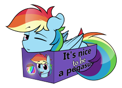 Size: 5700x4100 | Tagged: safe, artist:dacaoo, derpibooru import, rainbow dash, pegasus, pony, box, eyebrows, eyebrows visible through hair, folded wings, food, if i fits i sits, jam, lying down, one eye closed, pony in a box, prone, simple background, solo, text, transparent background, wings