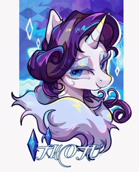 Size: 1620x1997 | Tagged: safe, artist:tkotu1, derpibooru import, rarity, pony, unicorn, bust, commission, female, lidded eyes, looking at you, mare, older, older rarity, passepartout, simple background, smiling, smiling at you, solo, white background