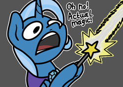 Size: 2048x1448 | Tagged: safe, artist:ewoudcponies, derpibooru import, trixie, pony, unicorn, cape, clothes, dialogue, gray background, hoof hold, magic wand, simple background, trixie's cape