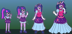 Size: 3840x1827 | Tagged: safe, artist:dommerik, derpibooru import, princess twilight 2.0, sci-twi, twilight sparkle, twilight sparkle (alicorn), unicorn twilight, alicorn, anthro, human, unicorn, equestria girls, the last problem, :o, alternate hairstyle, belt, bowtie, breast expansion, breasts, busty sci-twi, clothes, commission, crown, cutie mark on clothes, dress, female, glasses, gloves, gown, gradient background, gritted teeth, growth, high res, human to anthro, jewelry, long gloves, magic, mare, older, older twilight, open mouth, poofy shoulders, princess, regalia, solo, sparkles, species swap, teeth, transformation, transformation sequence, transforming clothes, unicorn sci-twi, wavy mouth, wingless, wingless alicorn, wingless anthro