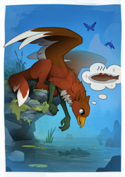 Size: 1750x2470 | Tagged: safe, artist:yakovlev-vad, derpibooru import, oc, oc only, butterfly, griffon, griffon oc, moss, solo, thought bubble, water