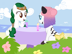 Size: 1920x1440 | Tagged: safe, artist:jelisicli, derpibooru import, oc, oc only, oc:olivia leaf, oc:zuri sambo, pegasus, pony, zebra, beach, bow, bush, commission, duo, female, flower, food, freckles, ice cream, lesbian, mare, oc x oc, ocean, sand, shipping, table, tablecloth, tail, tail bow, water, ych result, zebra oc