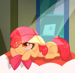 Size: 2164x2126 | Tagged: safe, artist:4932488340, derpibooru import, apple bloom, earth pony, pony, apple bloom's bow, bow, female, filly, foal, hair bow, lying down, prone, sad, solo