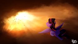 Size: 1920x1080 | Tagged: safe, artist:bluenotefs, derpibooru import, twilight sparkle, twilight sparkle (alicorn), alicorn, bird, pony, crepuscular rays, flying, sky, solo