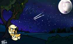 Size: 1600x954 | Tagged: safe, artist:bluenotefs, derpibooru import, applejack, bright mac, pear butter, earth pony, pony, apple, apple tree, crying, falling leaves, feels, female, guitar, intertwined trees, leaves, mare, mare in the moon, missing accessory, moon, musical instrument, night, night sky, pear tree, sad, shooting star, sitting, sky, smiling, solo, stars, teary eyes, tree