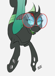 Size: 4000x5500 | Tagged: safe, artist:evan555alpha, oc, oc only, oc:yvette (evan555alpha), changeling, ladybug, evan's daily buggo ii, broach, changeling oc, colored sketch, dorsal fin, eyeshadow, fangs, female, flexible, glasses, green tongue, hanging, lidded eyes, looking at you, looking down, looking down at you, open mouth, open smile, round glasses, signature, simple background, sketch, smiling, solo, tongue, white background