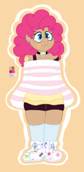 Size: 796x1634 | Tagged: safe, artist:dsstoner, pinkie pie, human, choker, clothes, color palette, cutie mark, ear piercing, earring, jewelry, piercing, shoes, skirt, sneakers, solo, sticker, sweater, tan skin, tanktop, tattoo, tongue, tongue out