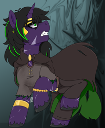 Size: 1590x1936 | Tagged: safe, artist:dsstoner, oc, pony, unicorn, angry, art trade, cape, clothes, fangs, highlights, jewelry, male, pants, regalia, scar, solo, solo male, stallion, torn clothes