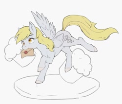 Size: 677x579 | Tagged: safe, artist:dundundun, derpibooru import, derpy hooves, pegasus, pony, food, letter, mouth hold, muffin, simple background, solo, spread wings, white background, wings