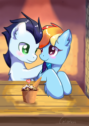 Size: 1240x1754 | Tagged: safe, artist:celedash, derpibooru import, rainbow dash, soarin', pegasus, pony, blushing, dinner, duo, female, looking at each other, looking at someone, male, mare, romance, shipping, soarindash, stallion, straight