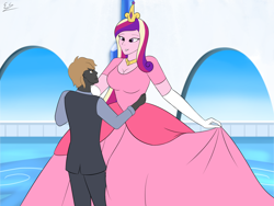 Size: 3600x2700 | Tagged: safe, artist:egstudios93, derpibooru import, princess cadance, oc, oc:golden shadow, human, breasts, canon x oc, clothes, dancing, dress, duo, female, gown, male, size difference, suit, tall