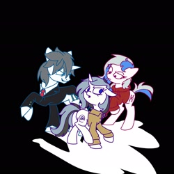 Size: 1920x1920 | Tagged: artist needed, dead source, safe, derpibooru import, oc, oc only, oc:atom willing, oc:ethan olivercine, oc:yvonne.k waverhoof, earth pony, unicorn, black background, clothes, female, hoodie, male, mare, simple background, suit