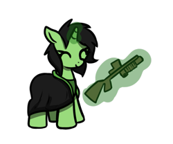 Size: 763x635 | Tagged: safe, artist:neuro, derpibooru import, oc, oc only, oc:anon filly, pony, unicorn, clothes, cute, eyes closed, female, filly, foal, glowing, glowing horn, gun stock, harry potter (series), horn, levitation, magic, magic aura, magic wand, robes, scope, simple background, slytherin, smiling, solo, telekinesis, transparent background, unicorn oc