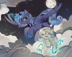 Size: 2500x2000 | Tagged: safe, artist:kefirro7, derpibooru import, princess luna, oc, oc:snowdrop, alicorn, pegasus, pony, blind, cheek fluff, chest fluff, cloud, crown, cute, duo, duo female, ear fluff, ears, female, filly, flying, foal, glowing, glowing horn, horn, jewelry, looking at someone, lunabetes, magic, magic aura, mare, moon, night, ocbetes, one eye closed, open mouth, open smile, regalia, s1 luna, smiling, snow, snowbetes, snowflake, spread wings, stars, telekinesis, wings