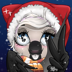 Size: 1748x1748 | Tagged: safe, artist:lailyren, derpibooru import, oc, oc only, oc:devilvoice, bat pony, :p, bat pony oc, blushing, bust, christmas, clothes, hat, holiday, looking at you, santa hat, scarf, snow, snowfall, solo, starry eyes, tongue, tongue out, wingding eyes