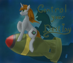 Size: 1500x1300 | Tagged: safe, artist:galaxymike, derpibooru import, oc, oc:littlepip, pony, unicorn, fallout equestria, female, mare, missing accessory, nuclear bomb, riding a bomb, sitting, solo, text, weapon