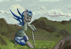 Size: 1280x879 | Tagged: safe, artist:monx94, derpibooru import, oc, oc:alex batovsky, bat pony, pony, armor, background, bipedal, full body, knight, looking at you, nature, plate armor, solo, standing, sword, weapon