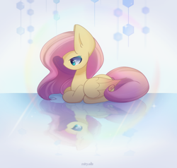 Size: 2000x1900 | Tagged: safe, artist:miryelis, derpibooru import, fluttershy, pegasus, pony, crystal, full body, long hair, looking down, mirror, reflection, signature, solo, wings