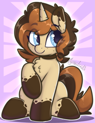 Size: 929x1195 | Tagged: safe, artist:llametsul, derpibooru import, oc, oc:creme cookie, pony, unicorn, chest fluff, choker, ear fluff, ears, female, freckles, looking away, mare, smiling, solo