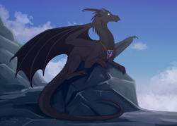 Size: 1600x1143 | Tagged: safe, artist:sunny way, derpibooru import, oc, oc only, dragon, art, artwork, black, black dragon, claws, commission, digital art, feral, finished commission, guard, horns, male, mountain, my little pony, princess guard, royal guard, scale, scalie, sky, solo, western dragon, wings