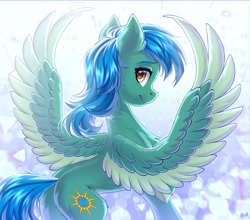 Size: 3000x2636 | Tagged: safe, artist:hakaina, derpibooru import, oc, oc only, pegasus, pony, abstract background, backlighting, beautiful, blue hair, blue mane, blue tail, butt, chest fluff, colored, colored wings, concave belly, ear fluff, ears, female, golden eyes, green coat, high res, hooves, leg fluff, lighting, looking at you, looking back, looking back at you, mare, pegasus oc, plot, raised hoof, raised leg, shading, side view, signature, slim, smiling, smiling at you, solo, spine, spread wings, standing, tail, thin, two toned wings, underhoof, unshorn fetlocks, wings