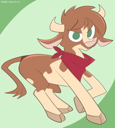 Size: 1074x1195 | Tagged: safe, artist:shirojyuu, derpibooru import, arizona cow, cow, them's fightin' herds, 2020, cloven hooves, community related, female, green background, looking at you, neckerchief, no pupils, simple background, smiling, smiling at you, solo