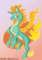 Size: 1240x1754 | Tagged: safe, artist:shirojyuu, derpibooru import, tianhuo, dragon, hybrid, longma, them's fightin' herds, 2020, community related, female, fire, gradient background, looking at you, solo