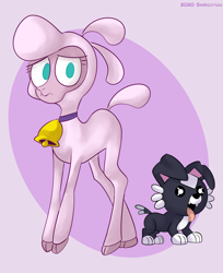 Size: 1754x2148 | Tagged: safe, artist:shirojyuu, derpibooru import, pom lamb, dog, lamb, sheep, them's fightin' herds, 2020, bell, bell collar, cloven hooves, collar, community related, duo, female, frown, looking at you, no pupils, open mouth, pink background, puppy, simple background, tongue, tongue out