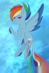 Size: 3600x5400 | Tagged: safe, artist:thecommandermiky, derpibooru import, rainbow dash, fly, insect, pegasus, pony, cloud, cloudy, female, flying, long tail, looking at you, mare, redesign, sky, sky background, solo, spread wings, tail, wings