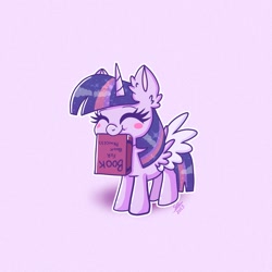 Size: 1280x1280 | Tagged: safe, artist:galaxy swirl, derpibooru import, twilight sparkle, twilight sparkle (alicorn), alicorn, pony, blush sticker, blushing, book, bookhorse, cute, eyes closed, mouth hold, solo, that pony sure does love books, twiabetes, upside down