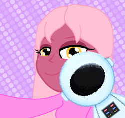 Size: 704x666 | Tagged: safe, artist:rainbowstarcolour262, derpibooru import, oc, oc only, oc:taffycoat, human, equestria girls, abstract background, astronaut, clothes, eyeshadow, female, golden eyes, long sleeved shirt, long sleeves, makeup, photobomb, polka dot background, selfie, shirt, solo, taking a photo