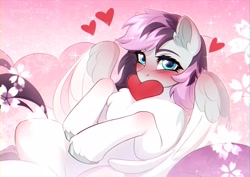 Size: 3507x2480 | Tagged: safe, artist:fenwaru, derpibooru import, oc, oc only, pegasus, blushing, heart, lying down, mouth hold, on back, solo, unshorn fetlocks