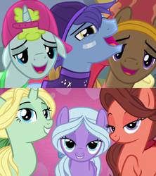 Size: 1280x1440 | Tagged: safe, derpibooru import, screencap, dear darling, fond feather, swoon song, earth pony, pegasus, pony, unicorn, hard to say anything, season 7, background pony, backup dancers, bandaid, bimbettes, bow, cap, crack shipping, female, glamor trot, hair bow, happy, hat, headband, lidded eyes, looking at you, male, mare, ponytail, raised hoof, raised leg, shipping, shipping domino, smiling, smooth vibes, stereo mix, straight, trio, trio female, trio male