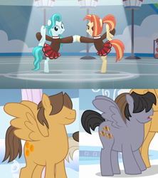 Size: 1280x1440 | Tagged: safe, derpibooru import, edit, edited screencap, screencap, hoops, lighthoof, quarterback, score, shimmy shake, earth pony, pegasus, 2 4 6 greaaat, sonic rainboom (episode), cheerleader, cheerleader outfit, cheerleading, clothes, crack shipping, cropped, dancing, female, lighthoops, male, shimmyscore, shipping, shipping domino, straight