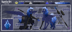 Size: 10000x4500 | Tagged: safe, artist:stardustspix, oc, oc:kyanite arc, pegasus, pony, abstract background, absurd resolution, amputee, armor, blue coat, blue eyes, blue mane, book, circlet, clothes, constructed language, crystal, cutie mark, folded wings, gem, glyph, gradient mane, levitation, looking at something, magic, male, mane, pegasus oc, prosthetic leg, prosthetic limb, prosthetics, reference sheet, robe, runes, saddle bag, solo, spellbook, spread wings, staff, stallion, tail, telekinesis, text, text box, watermark, wings