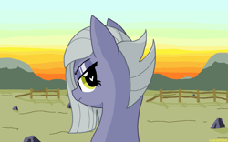 Size: 1136x709 | Tagged: safe, artist:legendoflink, derpibooru import, limestone pie, pony, angry, bust, female, heart, heart eyes, looking at you, looking back, mare, ms paint, outdoors, rock farm, solo, sunrise, wingding eyes