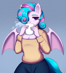 Size: 2046x2268 | Tagged: safe, artist:alunedoodle, derpibooru import, oc, oc only, anthro, bat pony, bat pony oc, clothes, coffee, cup, femboy, male, mug, relaxed, solo, sweater, two toned mane