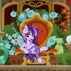 Size: 1500x1500 | Tagged: safe, artist:pritonhells, derpibooru import, oc, oc only, oc:dreaming bell, unicorn, base used, chair, commission, cute, fancy, female, heart butt marking, horn, mare, ocbetes, plant, room, solo, throne, two toned coat, unicorn oc, ych result