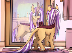 Size: 2160x1584 | Tagged: safe, artist:gingersnap913, derpibooru import, oc, oc only, oc:lotus cinder, kirin, fanfic:words of power, concave belly, female, human to kirin, human to pony, male to female, mare, mirror, post-transformation, rule 63, solo, species swap, transformation, transgender transformation, wet, wet mane