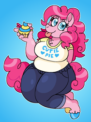 Size: 900x1200 | Tagged: safe, artist:krisispiss, derpibooru import, pinkie pie, anthro, earth pony, unguligrade anthro, g4, arm behind back, bbw, breasts, chest fluff, chubby, colored hooves, cupcake, fat, female, food, gradient background, looking at you, mare, pinkie pies, pudgy pie, smiling, solo, tail, text on clothing, thighs, thunder thighs, tongue, tongue out, unshorn fetlocks