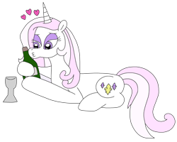 Size: 2831x2260 | Tagged: safe, artist:supahdonarudo, derpibooru import, fleur-de-lis, pony, unicorn, alcohol, bottle, eyeshadow, female, glass, heart, high res, holding, lying down, makeup, mare, prone, simple background, solo, transparent background, wine, wine bottle, wine glass