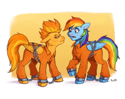 Size: 5000x3935 | Tagged: safe, artist:birdoffnorth, derpibooru import, spitfire, bound wings, chained, chains, clothes, commissioner:rainbowdash69, cuffed, cuffs, duo, grumpy, jumpsuit, never doubt rainbowdash69's involvement, prison outfit, prisoner, prisoner rd, shackles, shocked, spitfire is not amused, unamused, wings