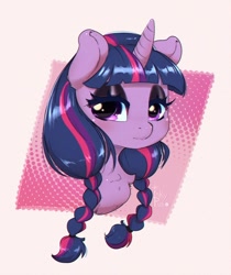 Size: 838x1000 | Tagged: safe, artist:inkypuso, derpibooru import, twilight sparkle, pony, unicorn, alternate hairstyle, braid, braided pigtails, bust, chest fluff, cute, eyeshadow, female, looking at you, makeup, mare, pigtails, solo, twiabetes, wednesday addams