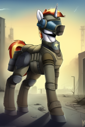 Size: 512x768 | Tagged: safe, derpibooru import, editor:flitter4935, generator:novelai, generator:stable diffusion, machine learning generated, oc, oc only, pony, unicorn, armor, armored pony, helmet, male, post-apocalyptic, solo, sternocleidomastoid