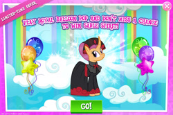 Size: 1957x1297 | Tagged: safe, derpibooru import, sable spirit, pony, unicorn, advertisement, balloon, balloon pop, clothes, curved horn, dress, english, female, gameloft, horn, mare, mobile game, my little pony: magic princess, official, rainbow waterfall, solo, solo focus, text