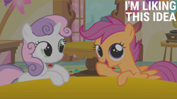 Size: 2000x1125 | Tagged: safe, derpibooru import, edit, edited screencap, editor:quoterific, screencap, scootaloo, sweetie belle, call of the cutie