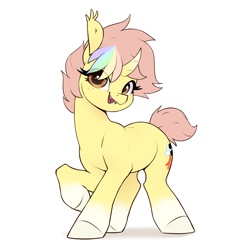 Size: 2380x2380 | Tagged: safe, artist:aquaticvibes, derpibooru import, oc, oc only, oc:ponkus, bat pony, hybrid, pony, unicorn, :d, bat pony unicorn, commission, curved horn, cute, eye clipping through hair, fangs, female, freckles, high res, horn, looking at you, mare, ocbetes, open mouth, open smile, ponysona, raised hoof, raised leg, shadow, short hair, short tail, simple background, smiling, smiling at you, solo, tail, white background